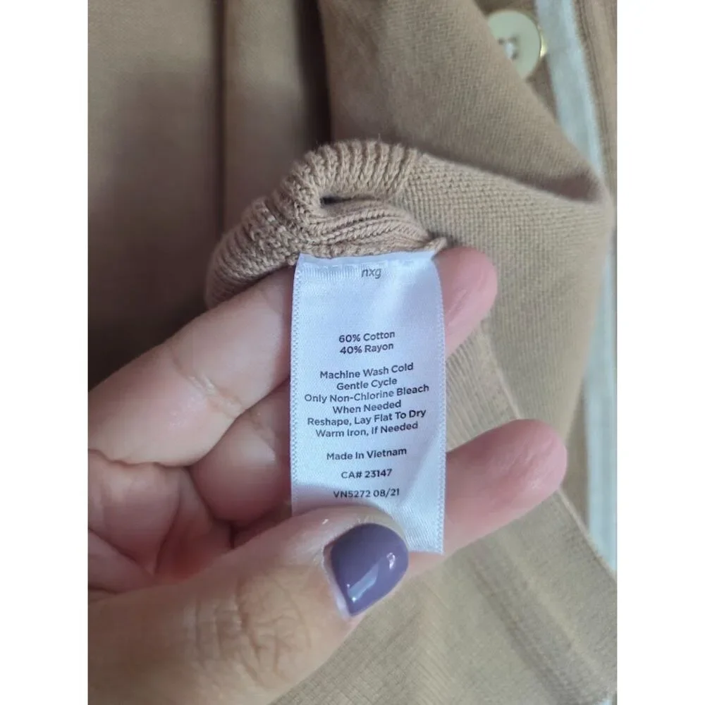 Talbots Dark Beige w/White Trim Cotton Button Front Neutral Cardigan size Large